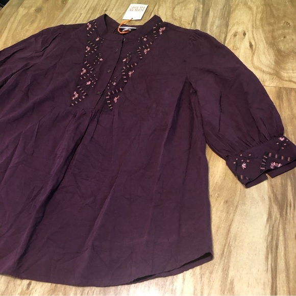 NWT Knox Rose Plum Purple Embroidered 3/4 Sleeve Half Button Shirt Size Large - Picture 2 of 12